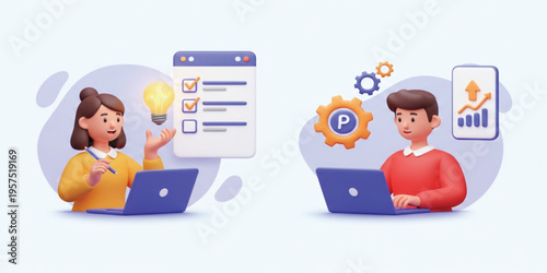 3D Business Productivity and Project Management Concept with People Using Laptops, Task Checklist, Idea Generation, Workflow Optimization, Performance Growth Illustration