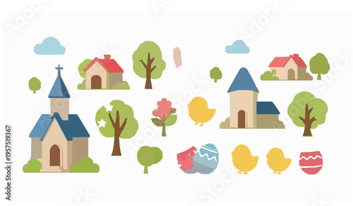 Easter village circular composition with bunny eggs and spring countryside vector