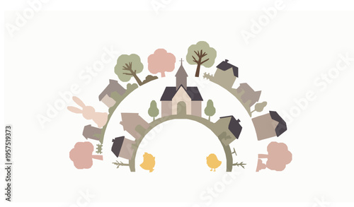 Cute Easter village scene with bunny chicks eggs and church spring holiday vector