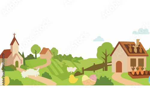 Easter village landscape vector with church bunny eggs and spring countryside scene