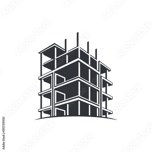 Unfinished Concrete Building Construction Structure with Exposed Rebar on Isolated White Background