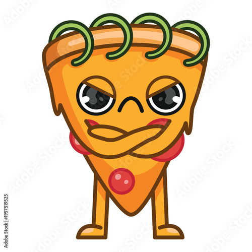 Pizza character, upset, angry, standing, pizza man, modern mascot for pizzeria, colourful vector isolated