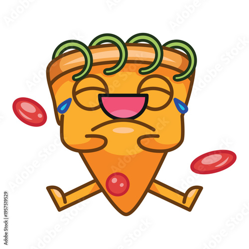Laughing pizza character, joyful pizza man, happy tears, sitting, with hands on a belly, modern mascot for pizzeria and delivery, colourful vector isolated