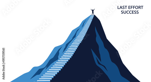 A person stands triumphantly at the top of a mountain with a long staircase, symbolizing success and achievement.