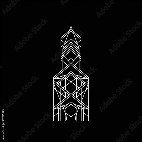 Complex Structural Tower Outline White Line Art, Solid Black Background