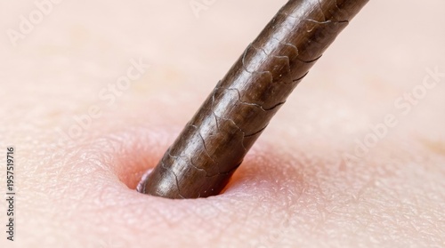 Extreme macro shot of a hair follicle growing from human skin. Detailed view of skin texture and hair cuticle. Ideal for dermatology, beauty treatments, and medical educational content.