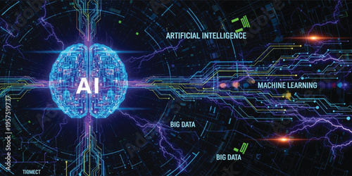 Artificial Intelligence and Machine Learning Concept with Digital Brain, Big Data Processing, Neural Network Technology, Futuristic Data Flow, AI Innovation Illustration