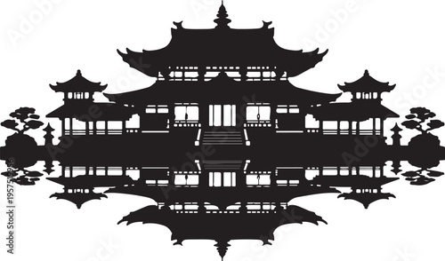Symmetrical of a traditional japanese dwelling silhouette vector