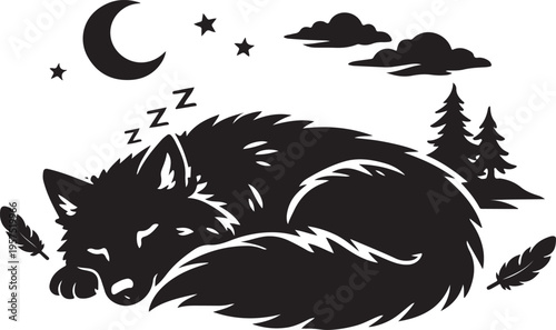 Sleeping wolf silhouette peaceful dreams silhouette vector