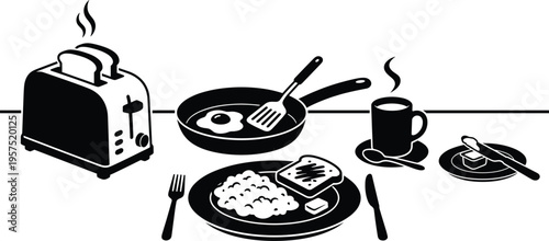 Breakfast Cooking Scene Silhouette with Toaster Fried Eggs Pan Coffee Cup Pancakes and Morning Meal Kitchen Setup Illustration
