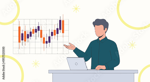 Man presenting financial analysis with a candlestick chart and laptop