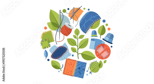 Sustainable Sewing & Mending Craft Kit Illustration: Patches, Needle, Thread, Thimble, and Green Leaves for DIY Projects & Eco-Friendly Repair