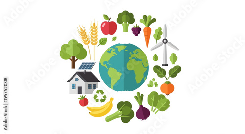 Sustainable Earth Concept: Global Eco-Friendly Lifestyle with Renewable Energy, Organic Food, and Recycling Elements in a Circular Design