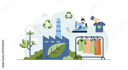 Eco-Friendly Fashion Production Cycle: Sustainable Textile Manufacturing, Recycling, Ethical Clothing, and Natural Materials Concept.