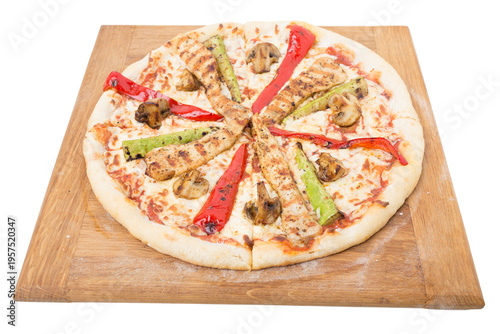 Vegetable pizza on a wooden tray.