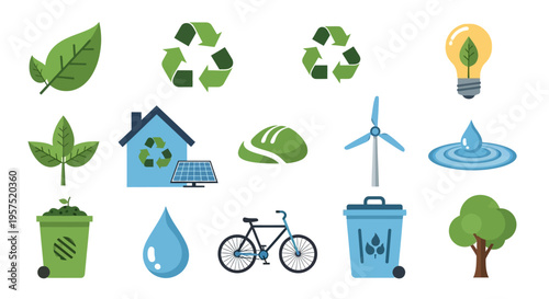 Sustainable Ecology & Green Energy Icons Collection: Recycling, Nature, Clean Environment Symbols