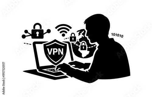 User with laptop using vpn shield and global secure connection flat vector illustration