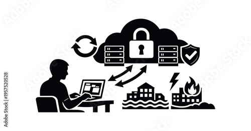 Black flat icon of a user connecting to cloud servers with arrows, shield and disaster symbols for recovery