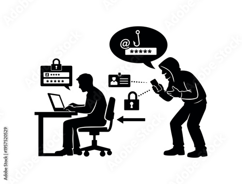 Silhouette of a hooded hacker extracting login info from a seated worker on a laptop