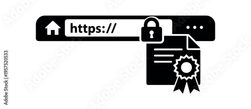 Browser address bar with https prefix, padlock and certificate ribbon symbolizing secure website connection