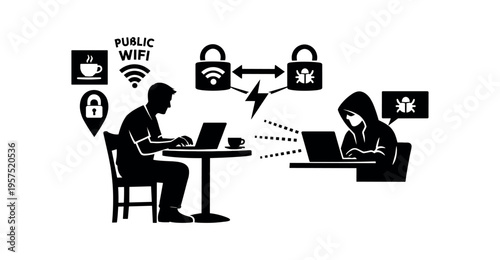 Silhouette of a person on a laptop in a cafe facing a hooded hacker across a public wifi connection with security icons