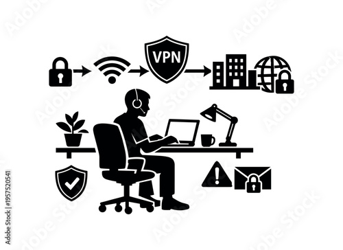 Remote worker at desk with vpn shield and secure connection icons flat vector illustration