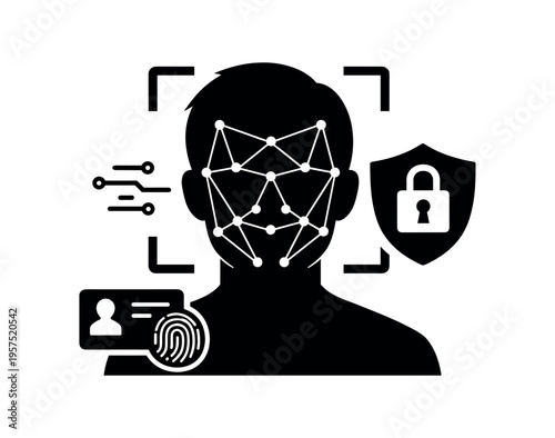 Human face with facial recognition mesh and fingerprint shield flat vector illustration