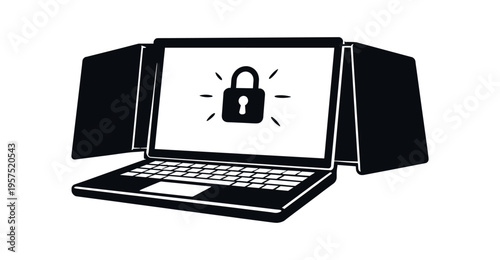 Laptop with privacy shields and lock icon security protection flat vector icon