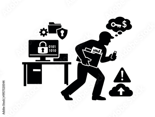 Man stealing data with usb and documents silhouette security breach flat vector icon