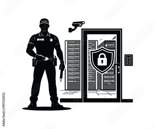 Guard standing by locked server room with cctv, keypad and shield padlock emblem