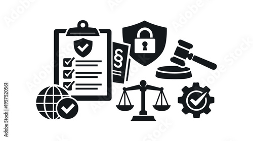 Black silhouette icons of a clipboard checklist, gavel, scales, shield, globe and gear representing legal compliance and security.