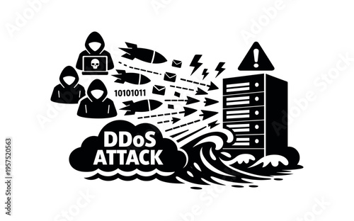 Stylized monochrome scene of a server being overwhelmed by a coordinated ddos attack with hacker icons and missile arrows