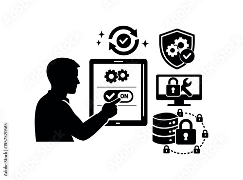 Silhouette of a person interacting with a tablet surrounded by shield, lock, server and sync icons indicating data security controls.