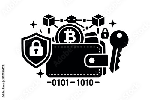 Wallet with bitcoin coin and key blockchain security binary code flat vector illustration