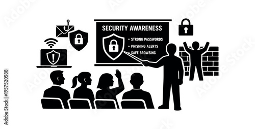 Black silhouette illustration of a presenter teaching security awareness to seated audience with icons for locks and threats