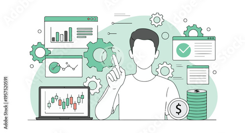 Person interacting with business analytics, finance, and data management