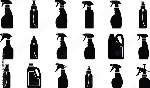 Cleaning Spray Bottle Silhouettes Set Featuring Trigger Sprayers Pump Dispensers and Detergent Containers for Household Cleaning Product Design