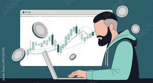 Man analyzing financial charts and trading cryptocurrency on laptop
