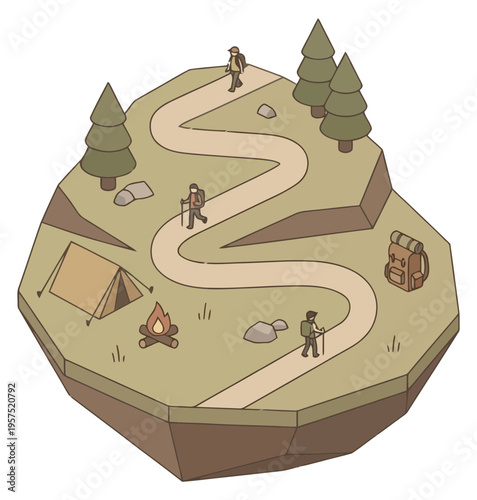 Isometric Hiking Trails Scene for Outdoor Adventure Enthusiasts