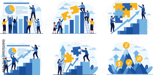 Business Growth and Teamwork Illustration Set with Puzzle Strategy, Financial Success, Analytics Charts, and Corporate Collaboration Concepts for Web and Presentation Design