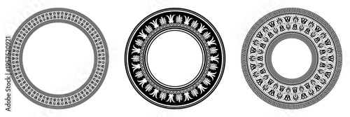 Collection of decorative round frames with Greek key, meander. Circle frame. Egyptian, Assyrian, Greek motif circular frame. Border frame. For textile, engraving, embroidery, plate, porcelain