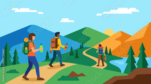 Scenic Hiking Trail in Isometric View with Mountain Landscape