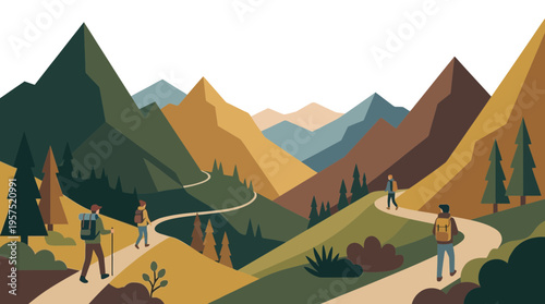 Scenic hiking trail in mountain landscape with adventurers