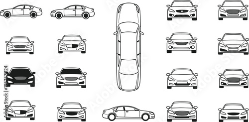 Car Line Icon Set with Sedan Vehicle Front, Side, and Top Views for Automotive Design, Transportation Concepts, and Auto Industry Graphics