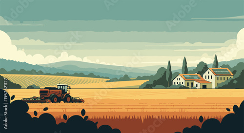 Agricultural landscape with tractor harvesting crops, sustainable homes with solar panels