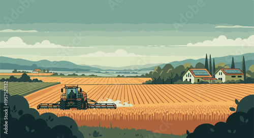 Modern agriculture and sustainable living in a serene rural landscape