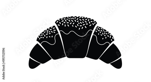 A black and white illustration of a croissant with chocolate and sprinkles