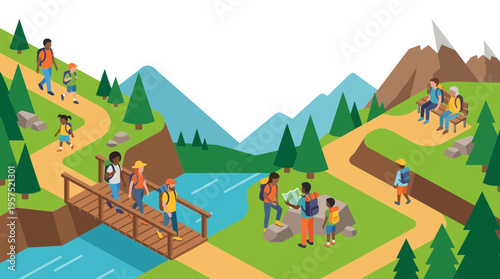 Scenic Hiking Trails Isometric Map with Forest, Mountains, and Water Features