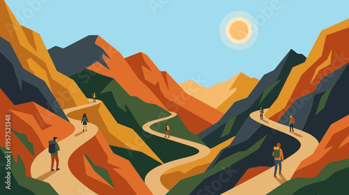 Scenic Mountain Hiking Trail in Isometric View for Adventure Enthusiasts