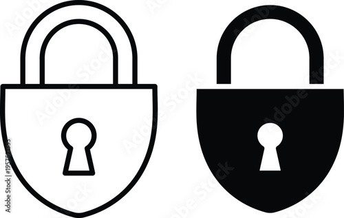 Two padlock one outlined white on black and one solid black on white comparison contrast digital security